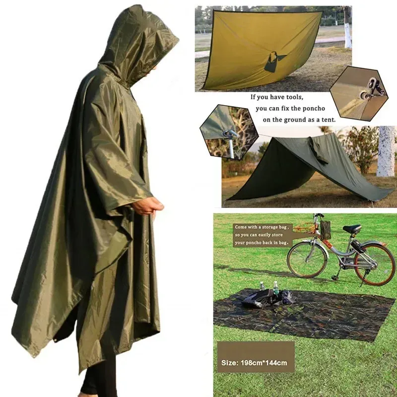 3-in-1 Military-Style Waterproof Raincoat for Men and Women - Poncho, Awning, Picnic Mat