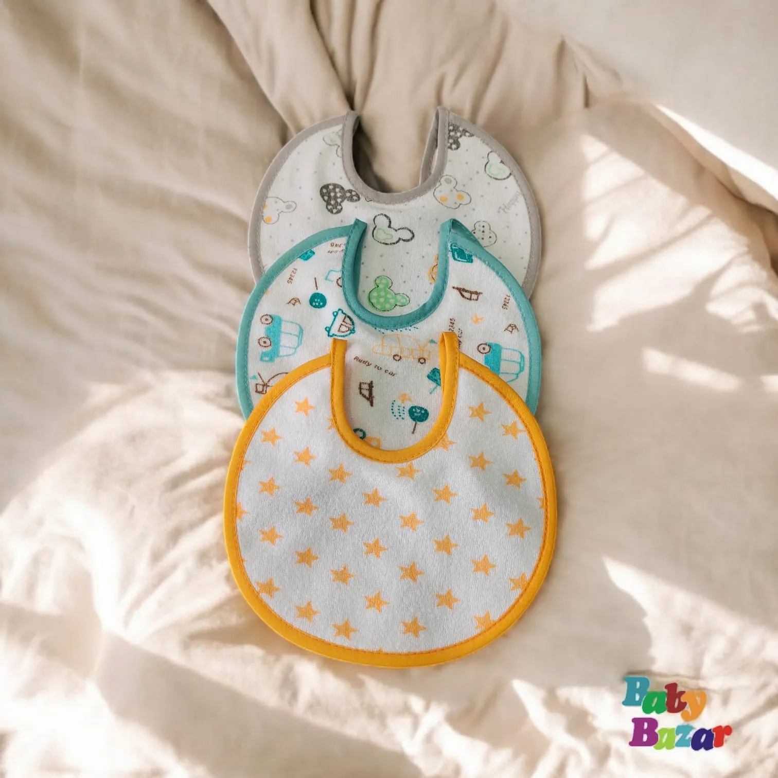 3-in-1 Waterproof Baby Bibs Pack – Best Quality Soft & Absorbent (Grey, Blue, Yellow)