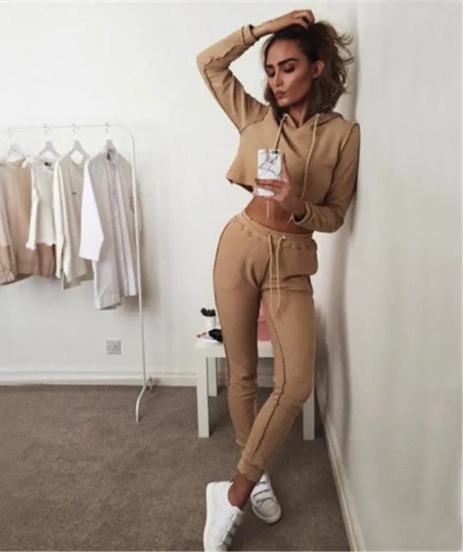 Autumn Tracksuit Women Hoodies 2-Piece Set Khaki/Black (Hooded Sweatshirt Long Pants) Leisure Suits