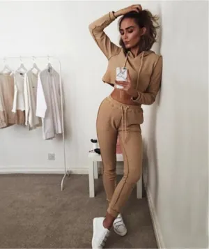 Autumn Tracksuit Women Hoodies 2-Piece Set Khaki/Black (Hooded Sweatshirt Long Pants) Leisure Suits