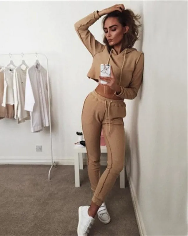 Autumn Tracksuit Women Hoodies 2-Piece Set Khaki/Black (Hooded Sweatshirt Long Pants) Leisure Suits