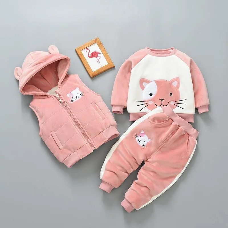 Baby Clothes Winter Thick And Warm Three-piece Cartoon Bear And Fox Printed Sweater Hooded Baby Girl Clothing Set Sweater and Pants
