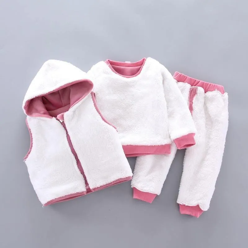 Baby Clothes Winter Thick And Warm Three-piece Cartoon Bear And Fox Printed Sweater Hooded Baby Girl Clothing Set Sweater and Pants