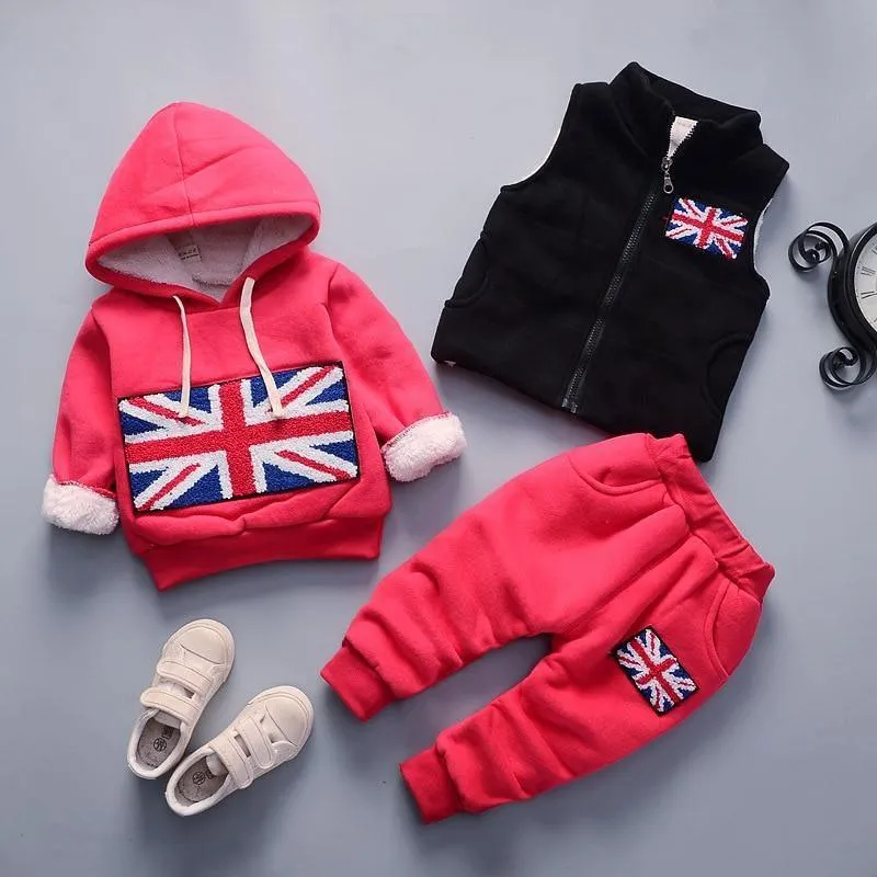 Baby Clothes Winter Thick And Warm Three-piece Cartoon Bear And Fox Printed Sweater Hooded Baby Girl Clothing Set Sweater and Pants