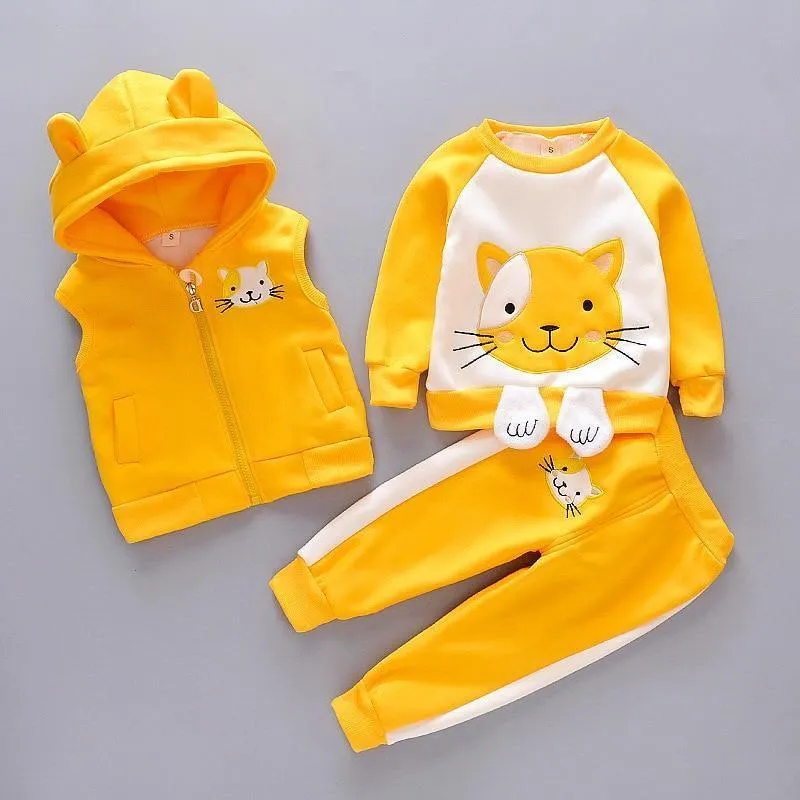 Baby Clothes Winter Thick And Warm Three-piece Cartoon Bear And Fox Printed Sweater Hooded Baby Girl Clothing Set Sweater and Pants