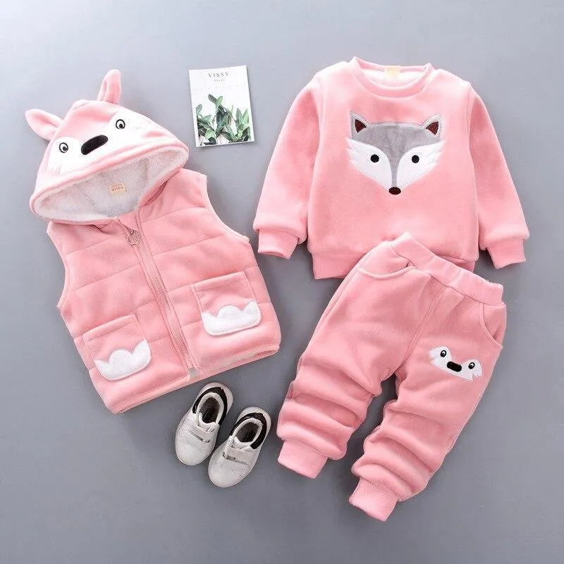 Baby Clothes Winter Thick And Warm Three-piece Cartoon Bear And Fox Printed Sweater Hooded Baby Girl Clothing Set Sweater and Pants