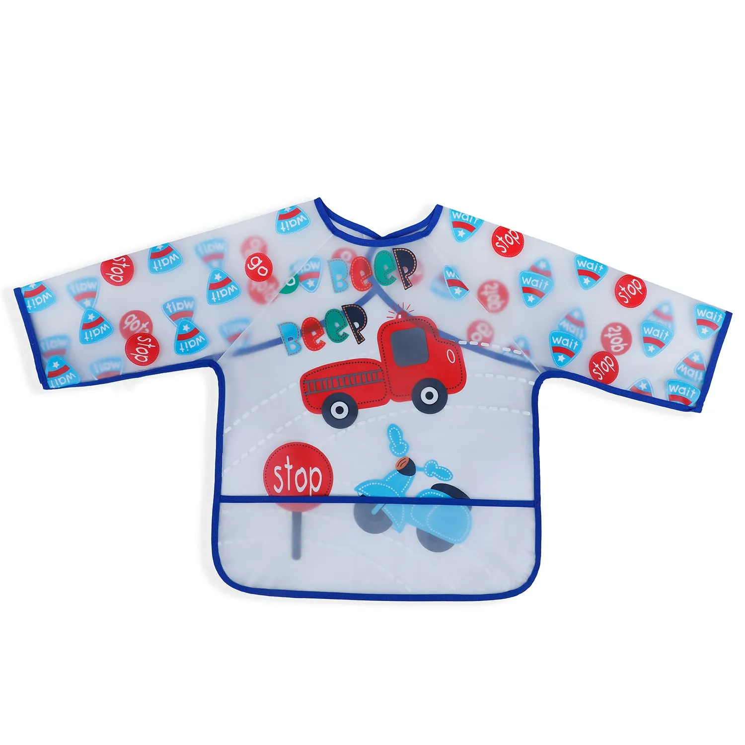 Baby Moo Beep Beep Car Long Sleeves Waterproof Wear Me Bib - Blue