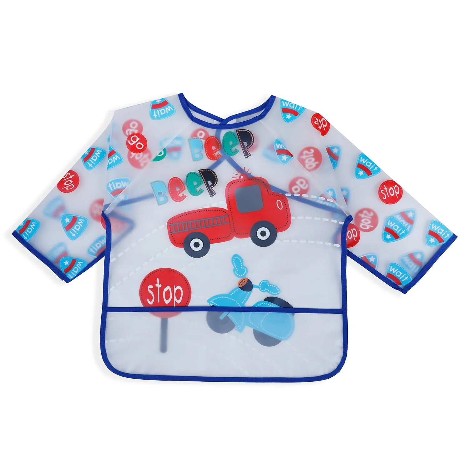 Baby Moo Beep Beep Car Long Sleeves Waterproof Wear Me Bib - Blue