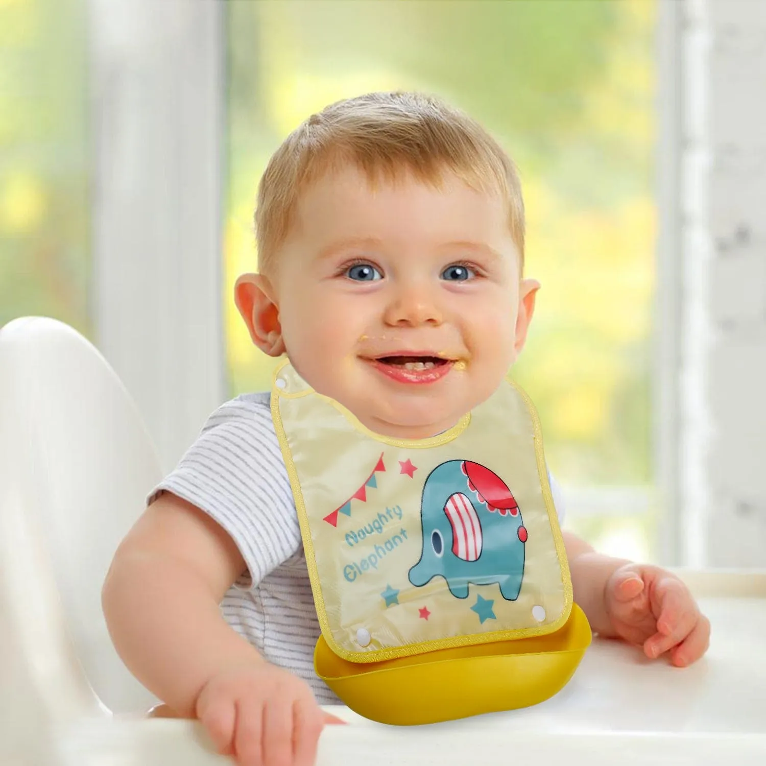 Baby Moo Naughty Elephant Premium Waterproof Crumb Catcher Bibs - Yellow