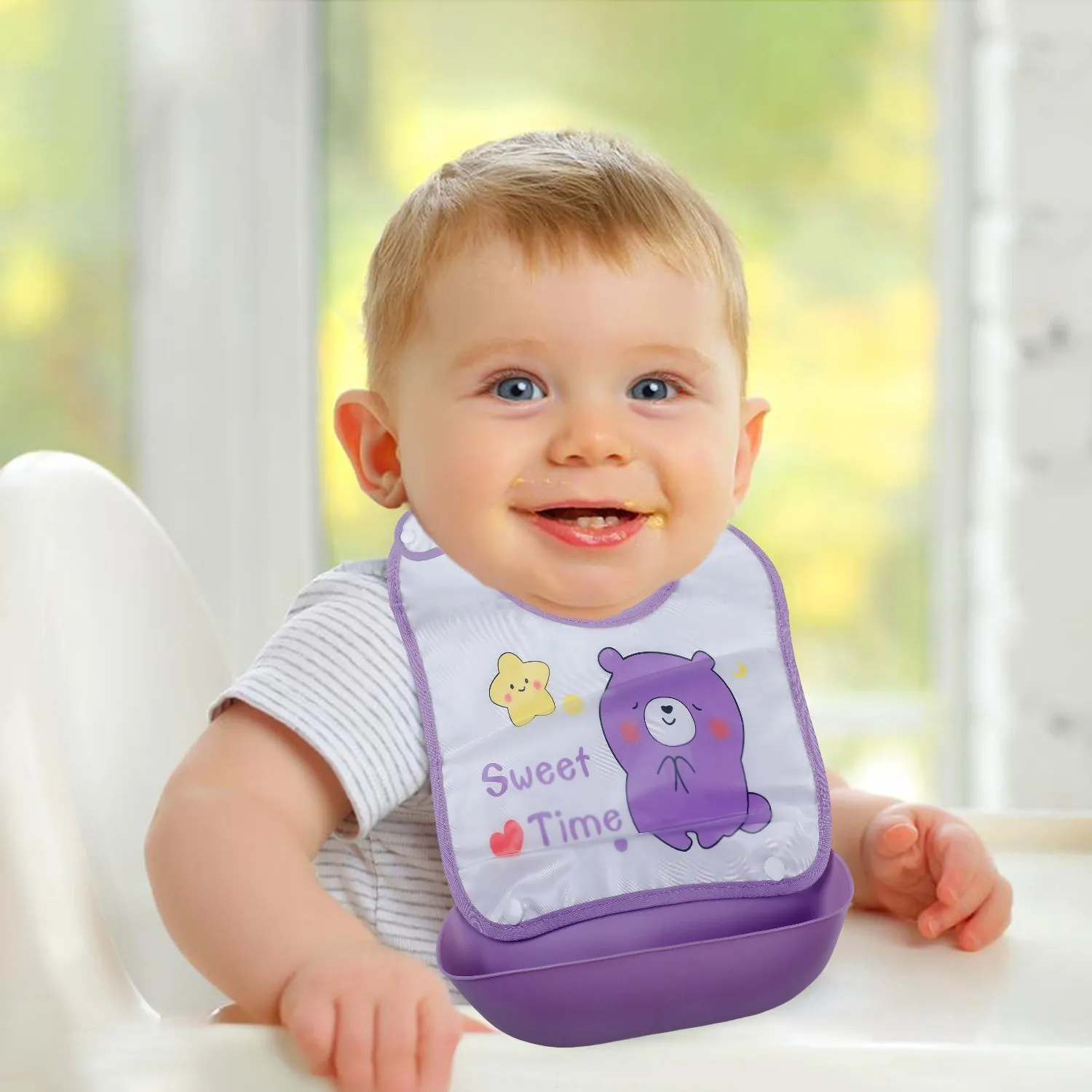 Baby Moo Sweet Time Premium Waterproof Crumb Catcher Bibs - Purple