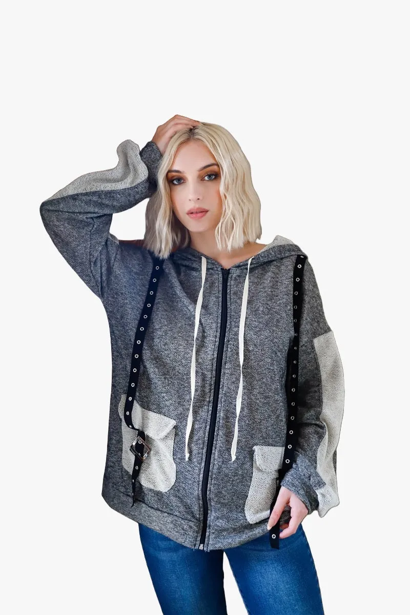 Belt & Reversed Details Zip-up Hooded Sweater