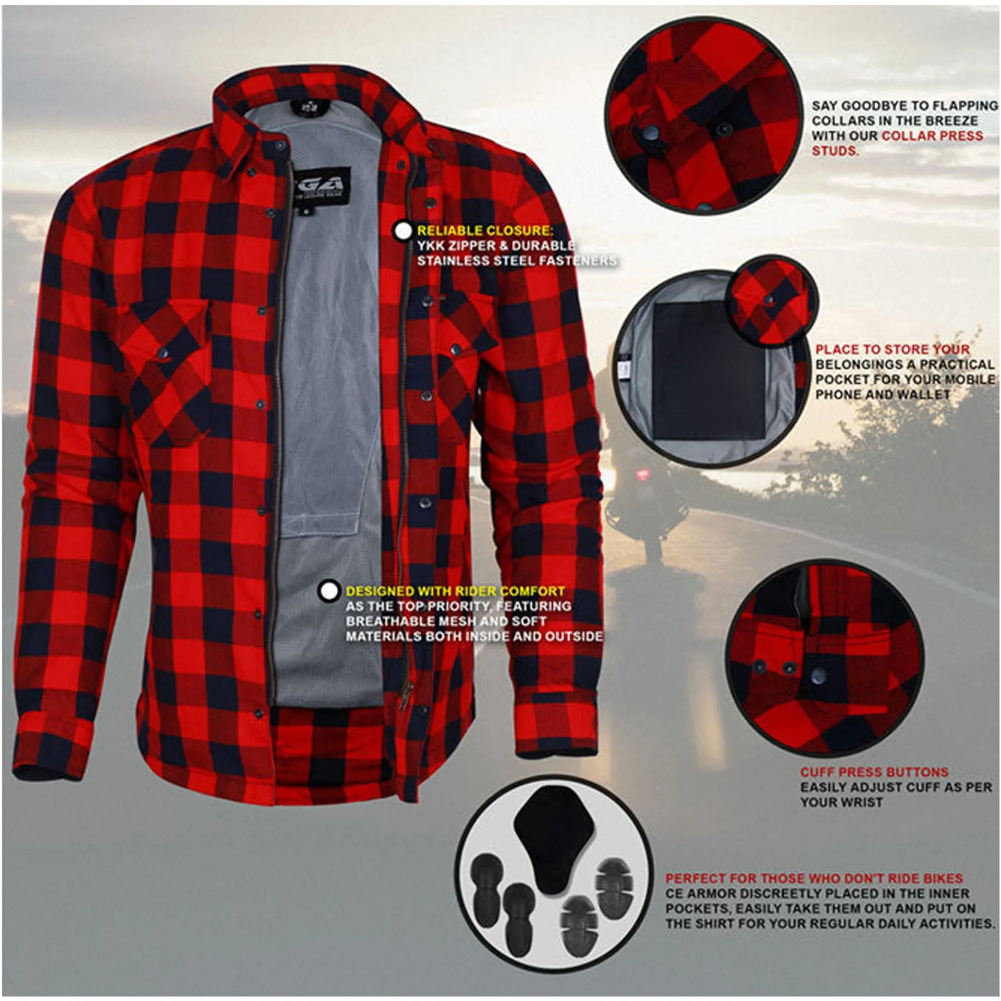 Bikers Gear Australia Exo Protective Lined with Kevlar Motorcycle Shirts Red / Black