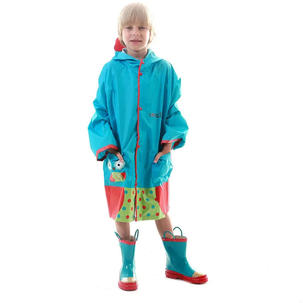 Blue Polka dots Owl Knee Length Raincoat for Kids