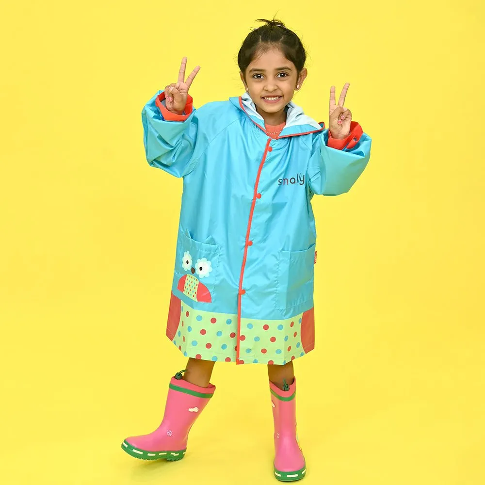 Blue Polka dots Owl Knee Length Raincoat for Kids