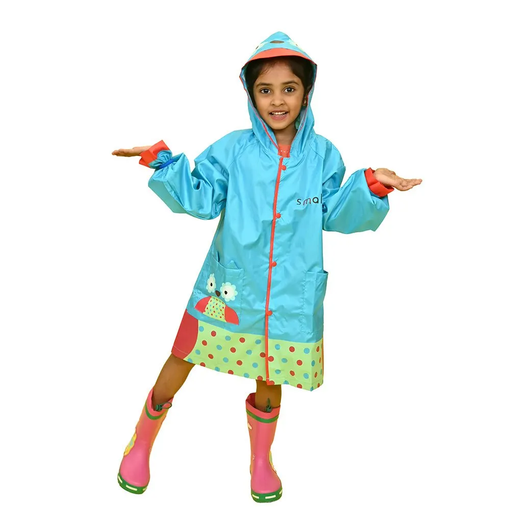 Blue Polka dots Owl Knee Length Raincoat for Kids