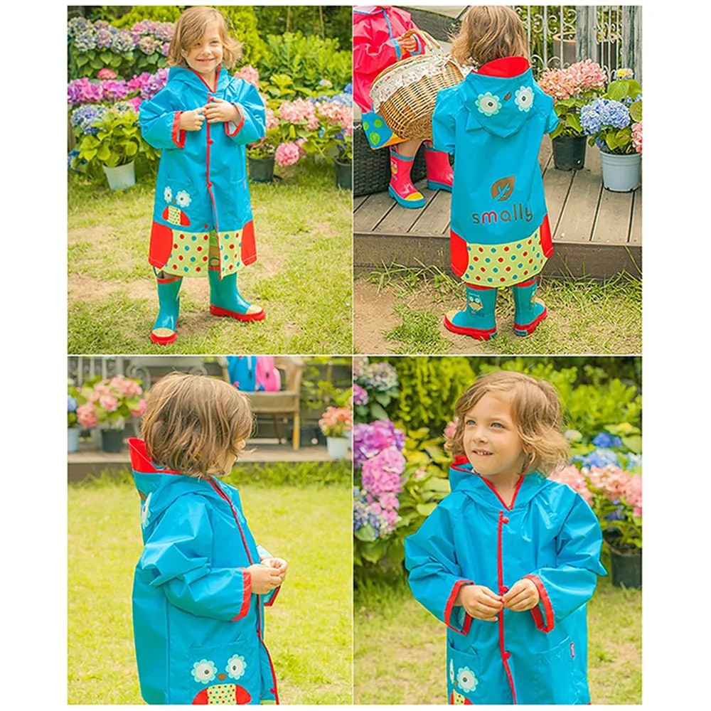 Blue Polka dots Owl Knee Length Raincoat for Kids