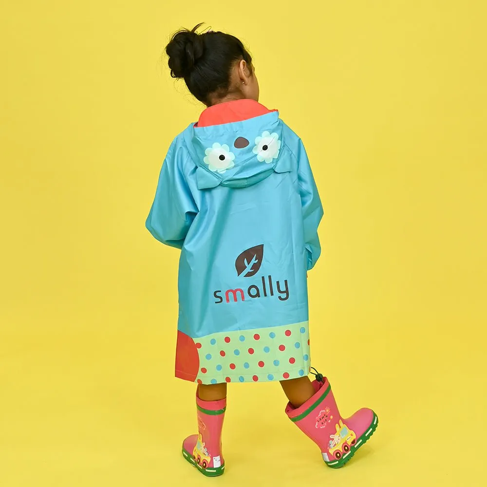 Blue Polka dots Owl Knee Length Raincoat for Kids