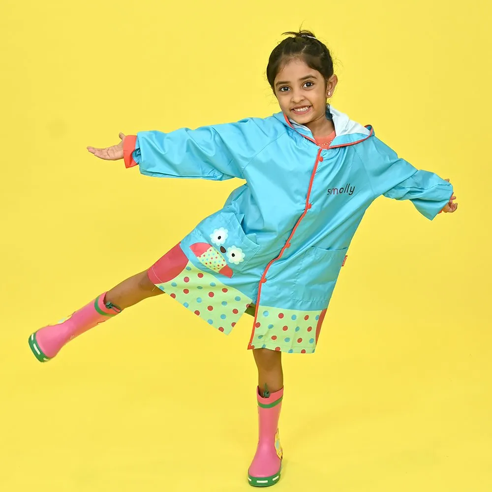 Blue Polka dots Owl Knee Length Raincoat for Kids