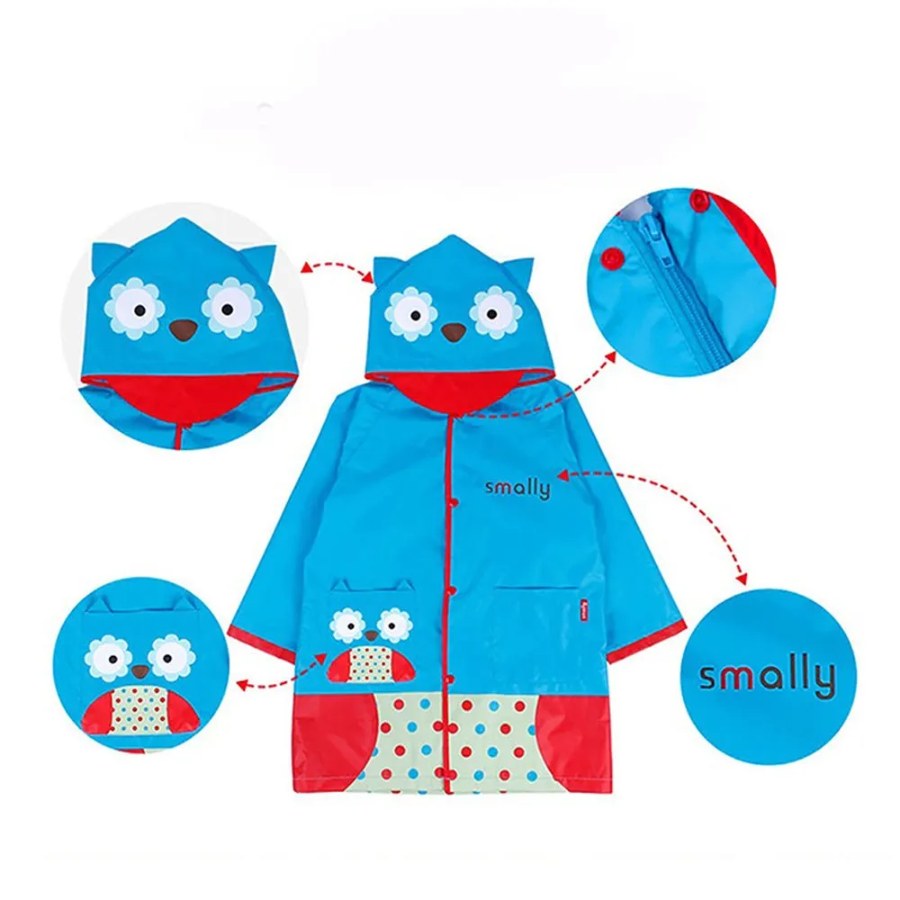Blue Polka dots Owl Knee Length Raincoat for Kids