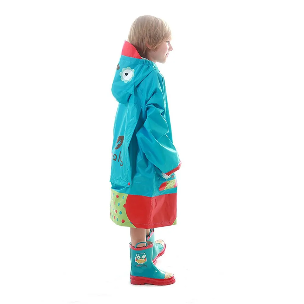 Blue Polka dots Owl Knee Length Raincoat for Kids