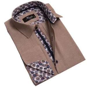 Brown White Mens Slim Fit French Cuff Shirts with Cufflink Holes -