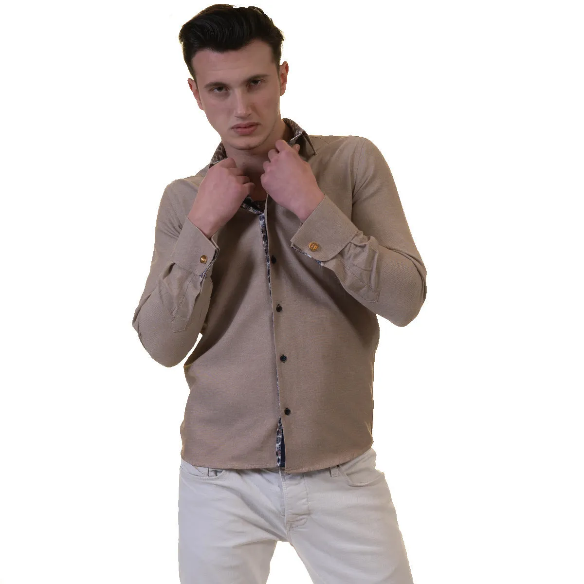Brown White Mens Slim Fit French Cuff Shirts with Cufflink Holes -