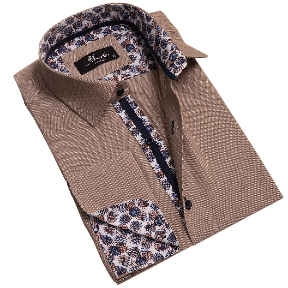 Brown White Mens Slim Fit French Cuff Shirts with Cufflink Holes -