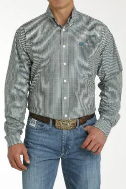 Cinch Mens Gingham Print Button Down Long Sleeve Shirt - Teal/White