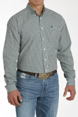 Cinch Mens Gingham Print Button Down Long Sleeve Shirt - Teal/White