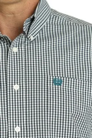 Cinch Mens Gingham Print Button Down Long Sleeve Shirt - Teal/White