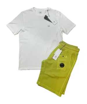 C.P. COMPANY COTTON LENS T-SHIRT / SHORTS SET - WHITE / GOLDEN PALM