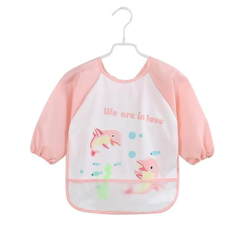 Cute Cartoon Print Baby Waterproof Long Sleeve Apron Children Feeding Smock Bib Baby Accessories