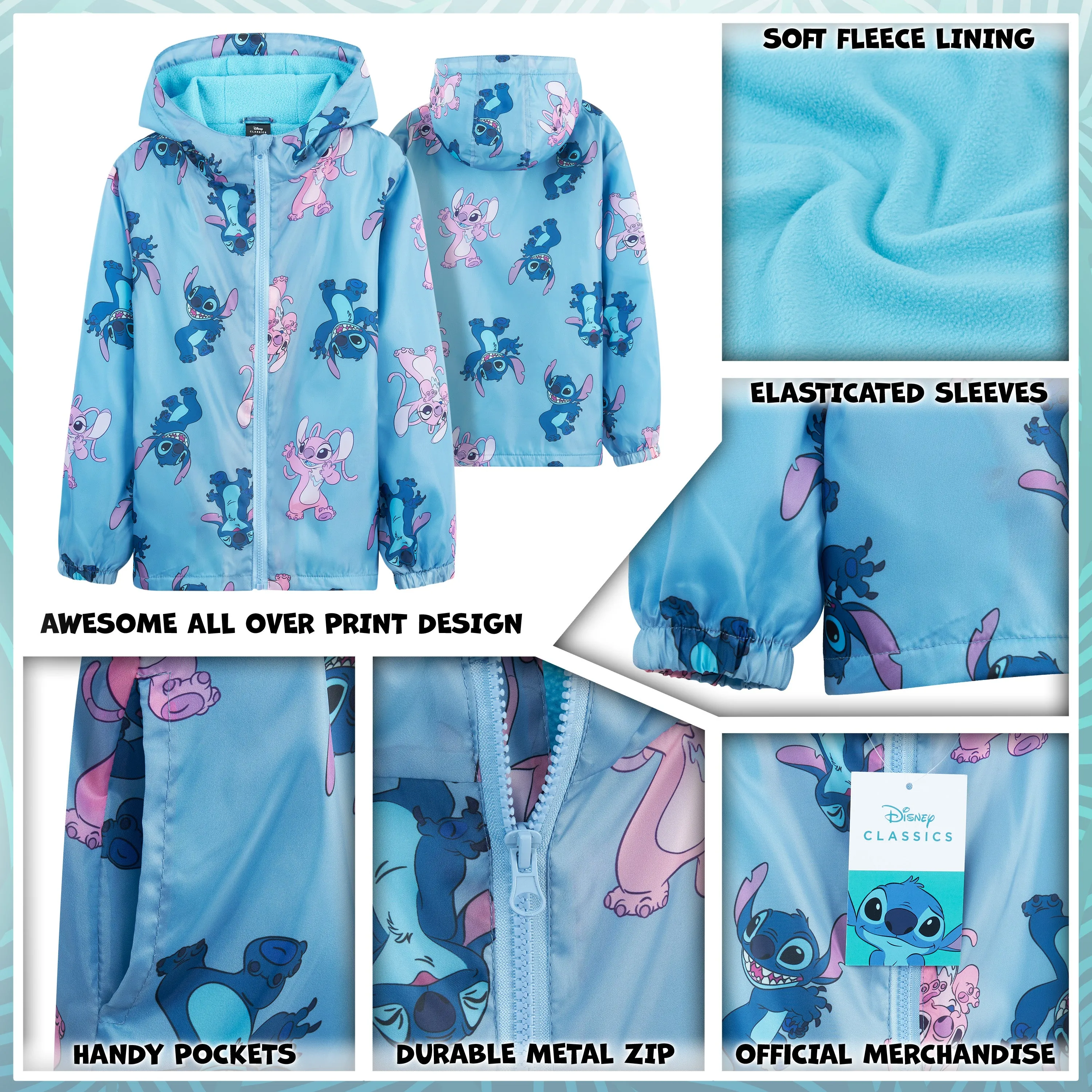 Disney Stitch Girls Raincoat - Waterproof Hooded Jacket for Kids 4-14 Years Fleece Lined - Stitch Gifts for Girls Teens