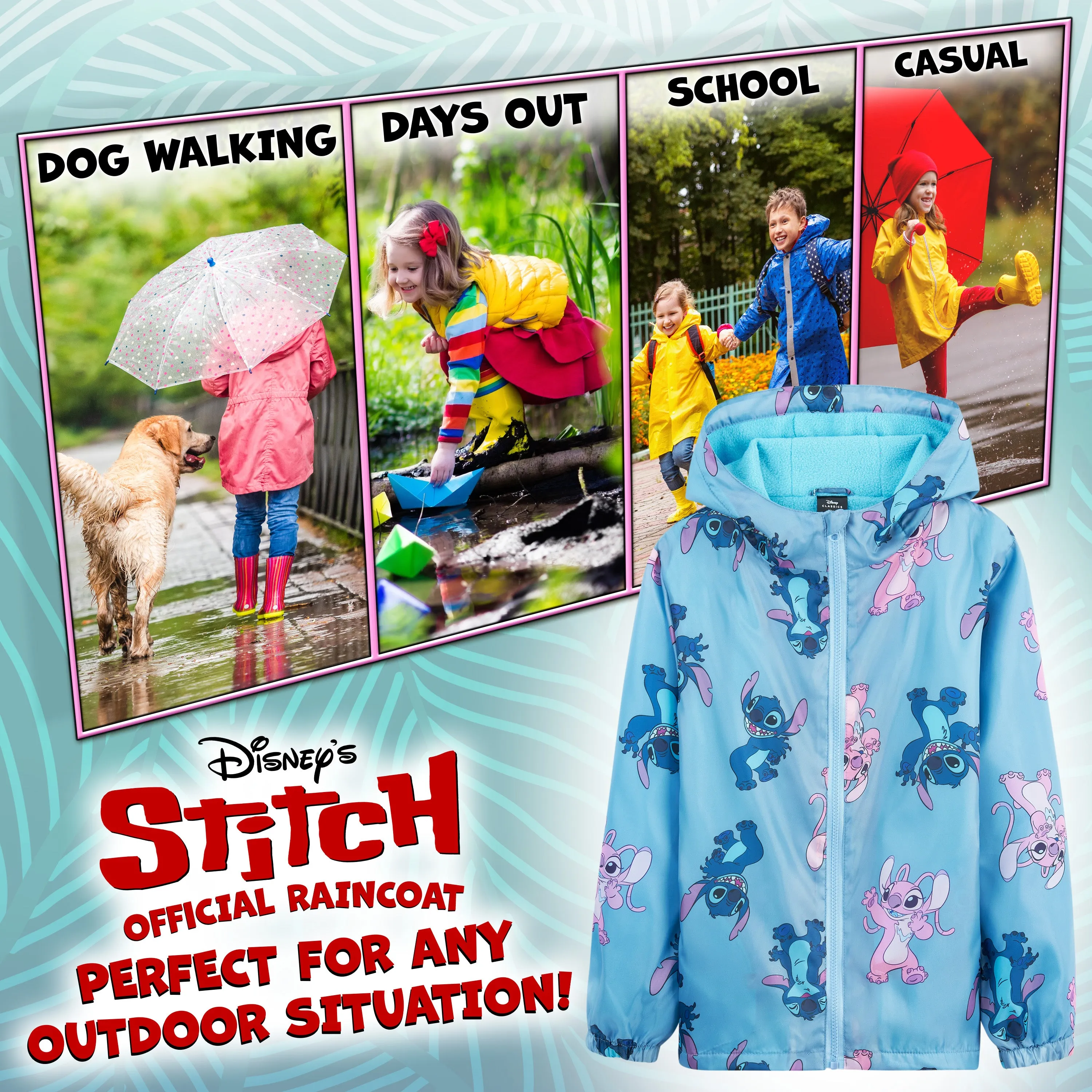 Disney Stitch Girls Raincoat - Waterproof Hooded Jacket for Kids 4-14 Years Fleece Lined - Stitch Gifts for Girls Teens