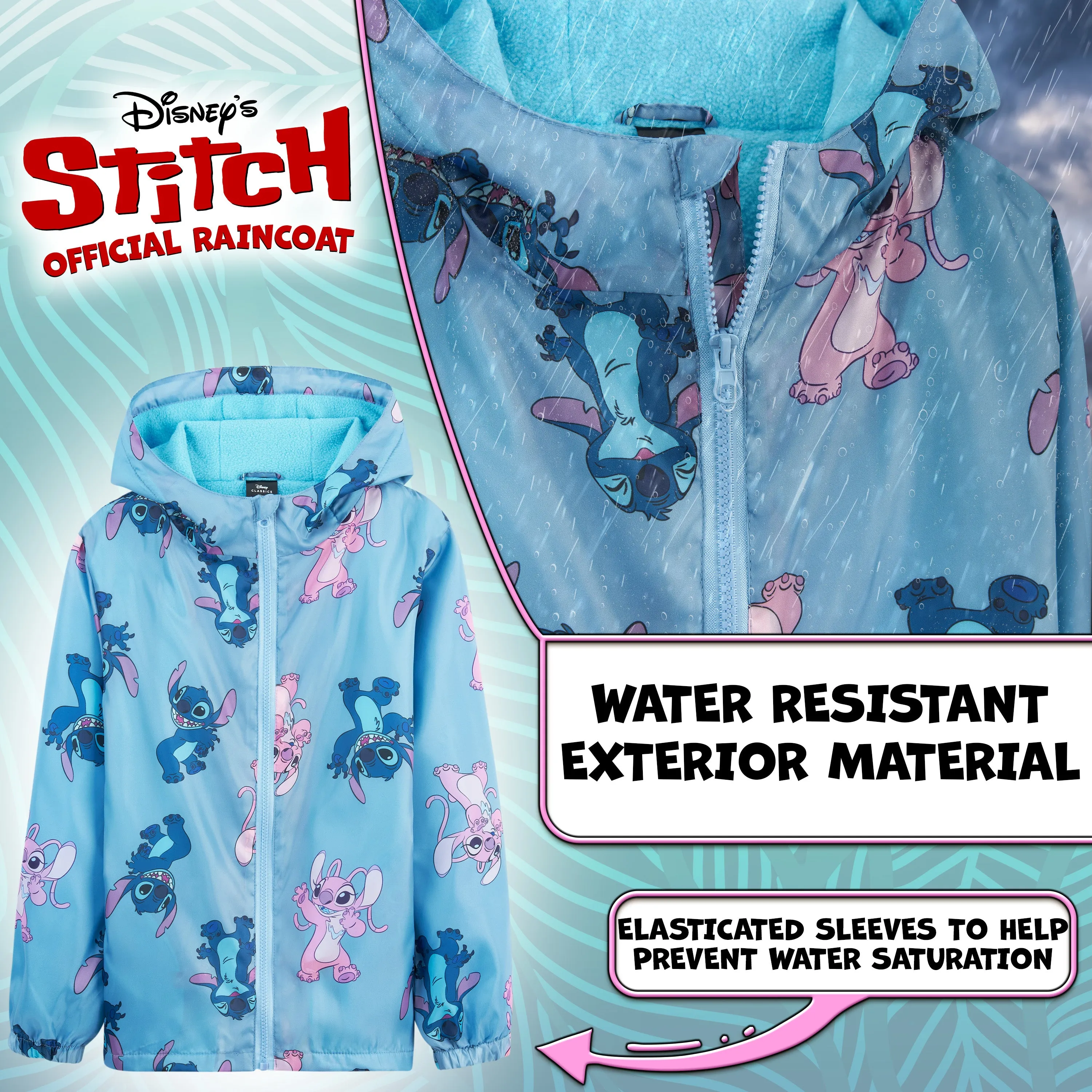Disney Stitch Girls Raincoat - Waterproof Hooded Jacket for Kids 4-14 Years Fleece Lined - Stitch Gifts for Girls Teens