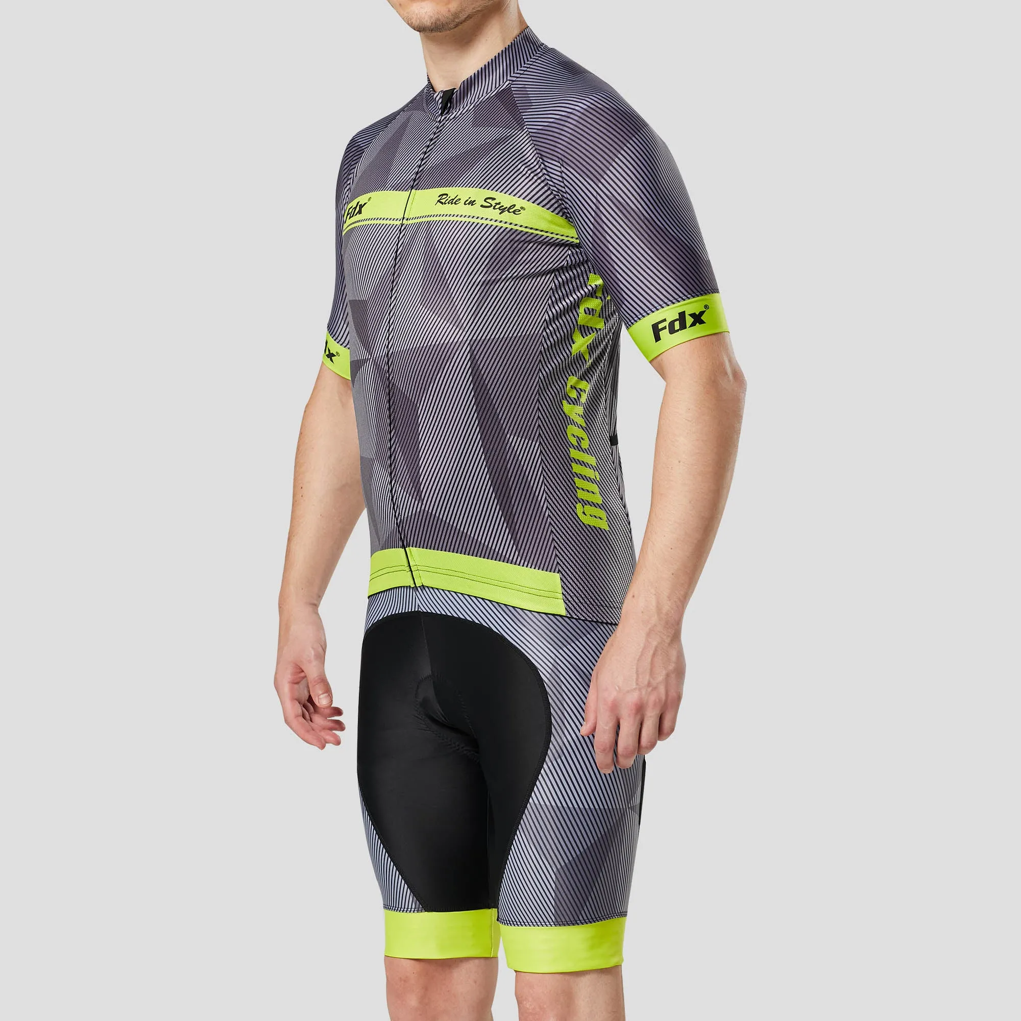 Fdx Men's & Boy's Set Splinter Yellow Summer Cycling Jersey & Padded Bib Shorts