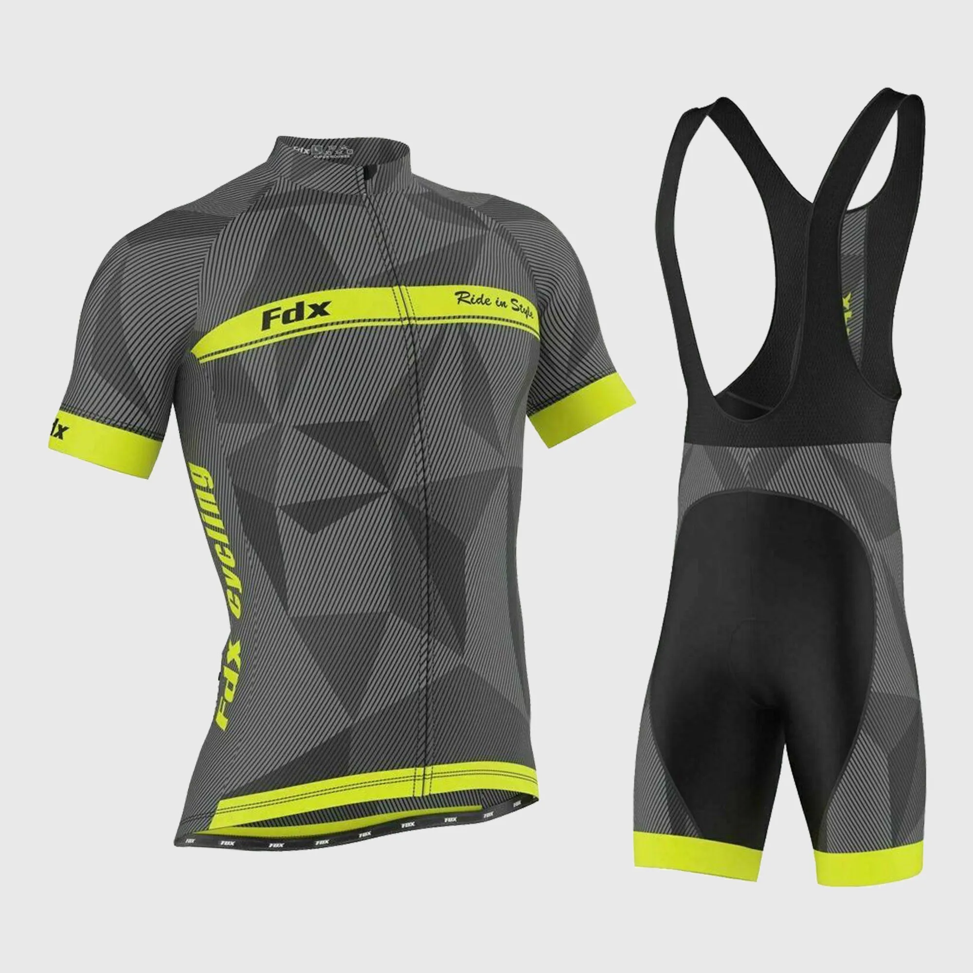 Fdx Men's & Boy's Set Splinter Yellow Summer Cycling Jersey & Padded Bib Shorts