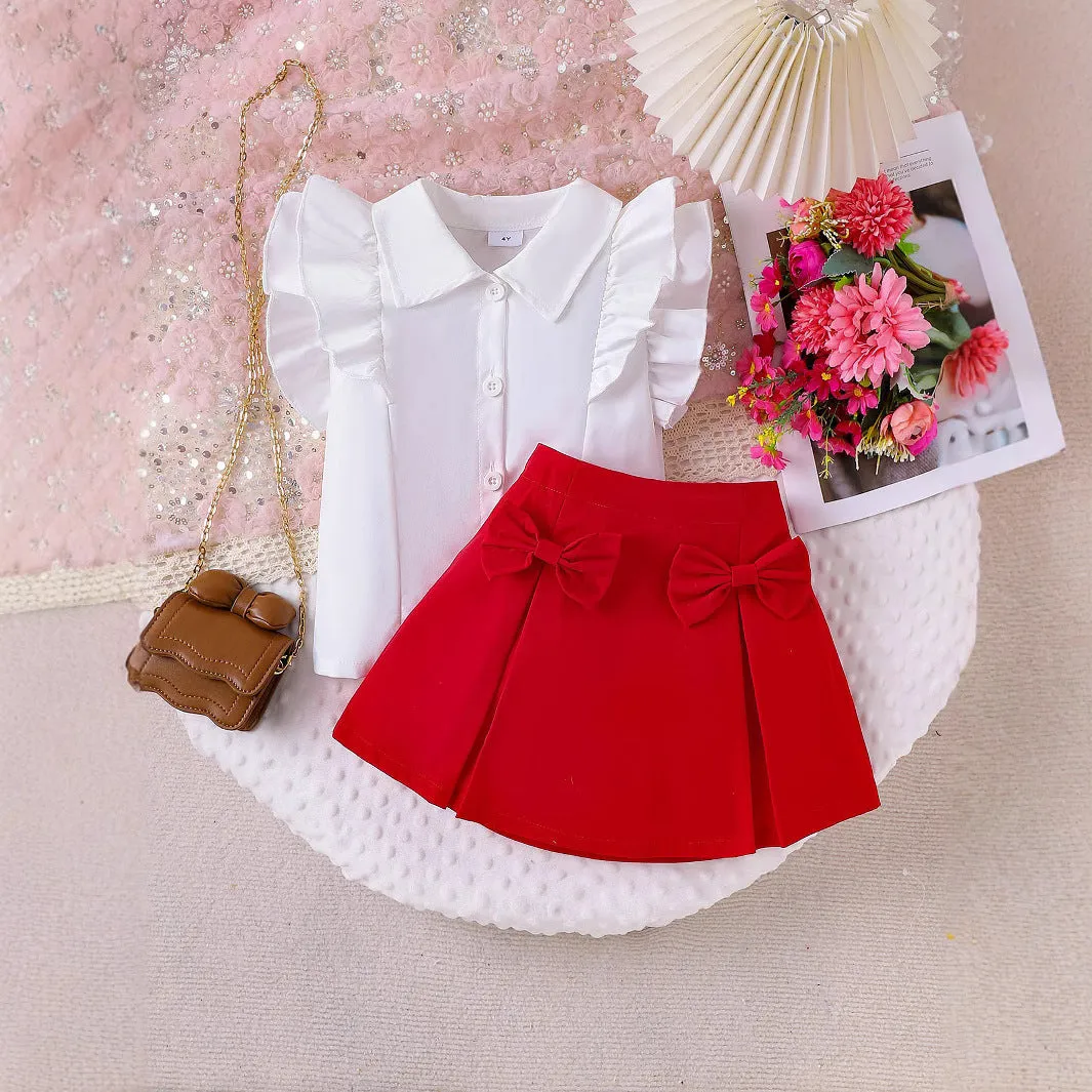 Girls suits for small and medium children lapel lace sleeves shirt   bow short skirt