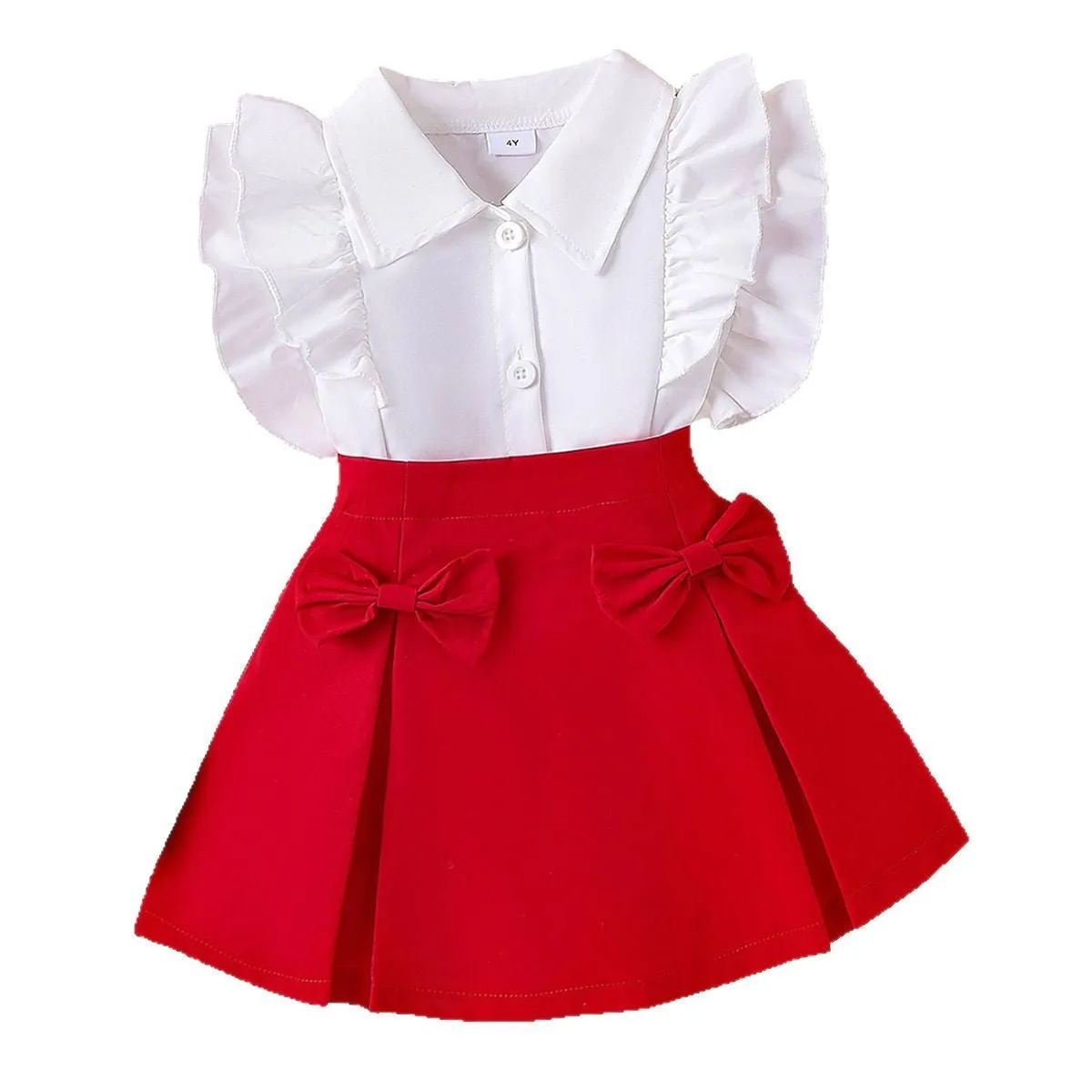 Girls suits for small and medium children lapel lace sleeves shirt   bow short skirt