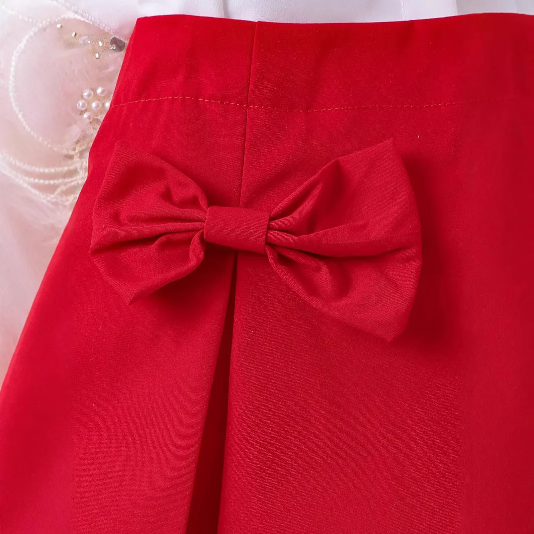 Girls suits for small and medium children lapel lace sleeves shirt   bow short skirt