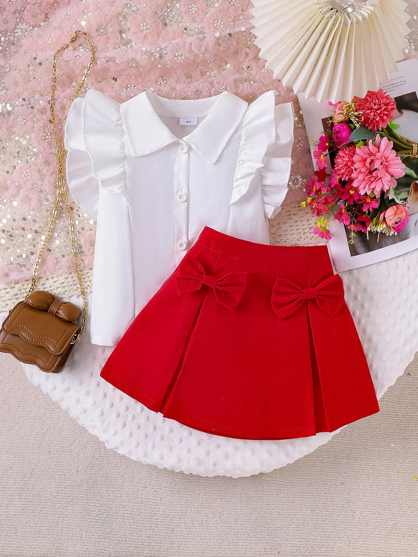 Girls suits for small and medium children lapel lace sleeves shirt   bow short skirt