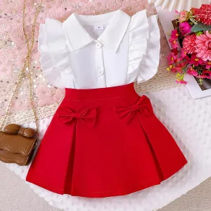 Girls suits for small and medium children lapel lace sleeves shirt   bow short skirt