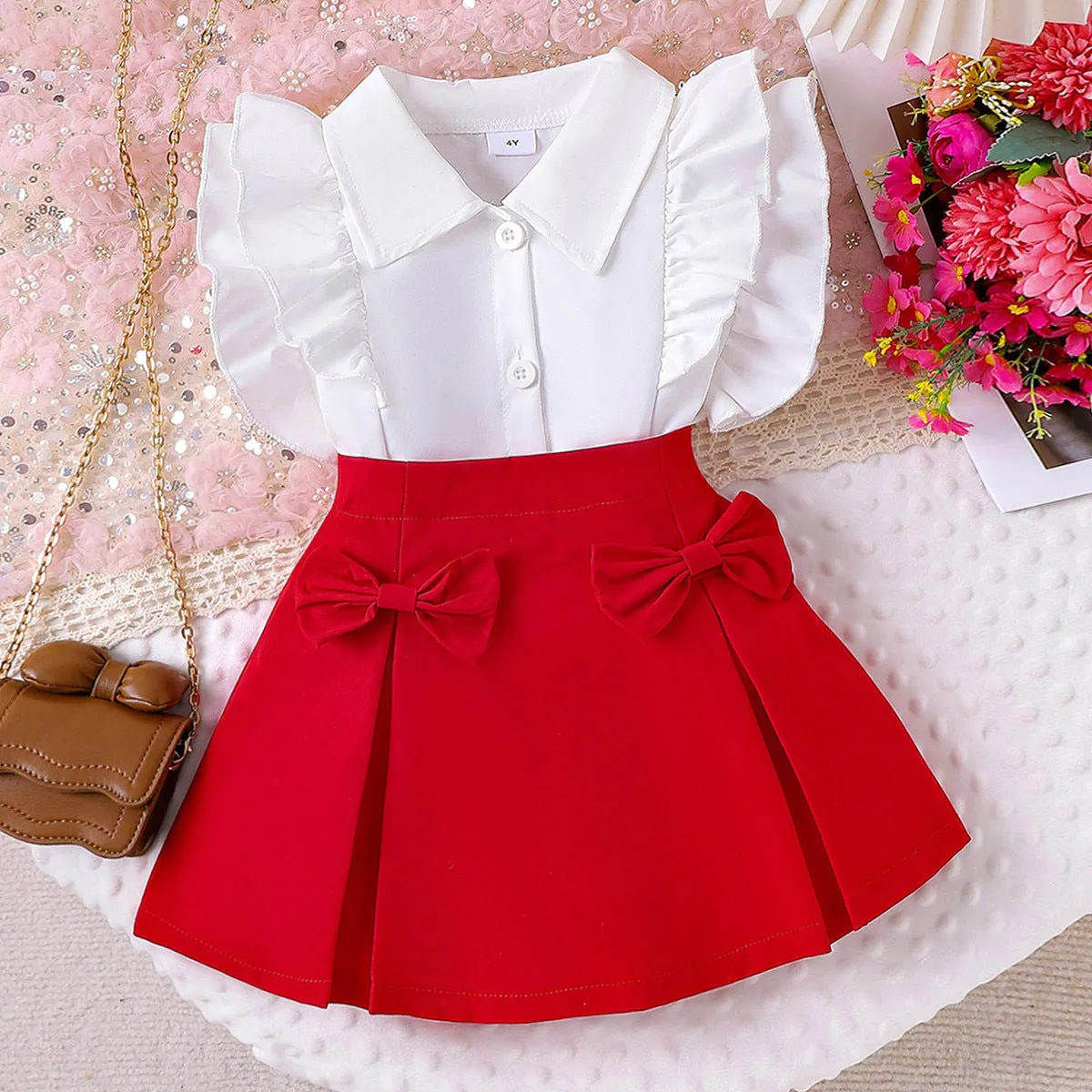 Girls suits for small and medium children lapel lace sleeves shirt   bow short skirt