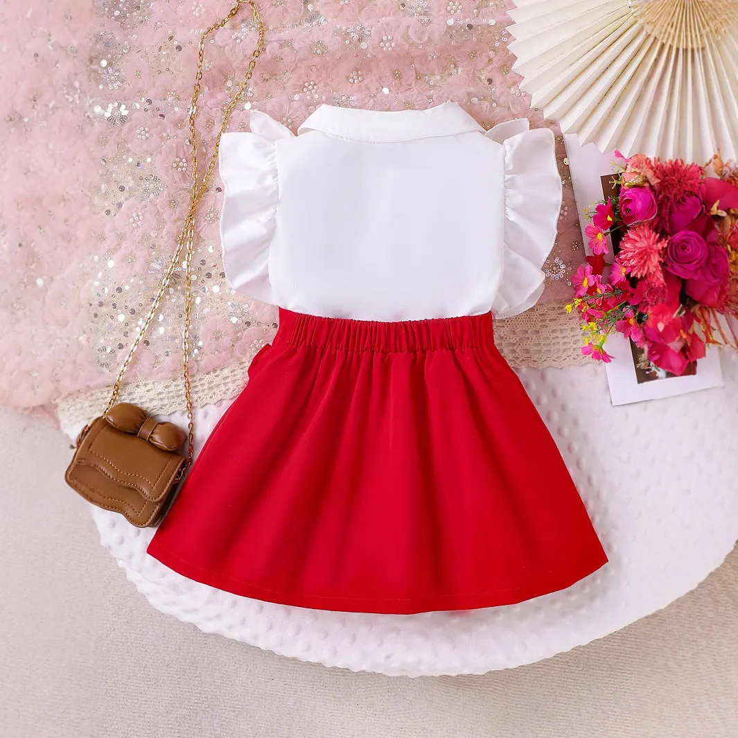 Girls suits for small and medium children lapel lace sleeves shirt   bow short skirt