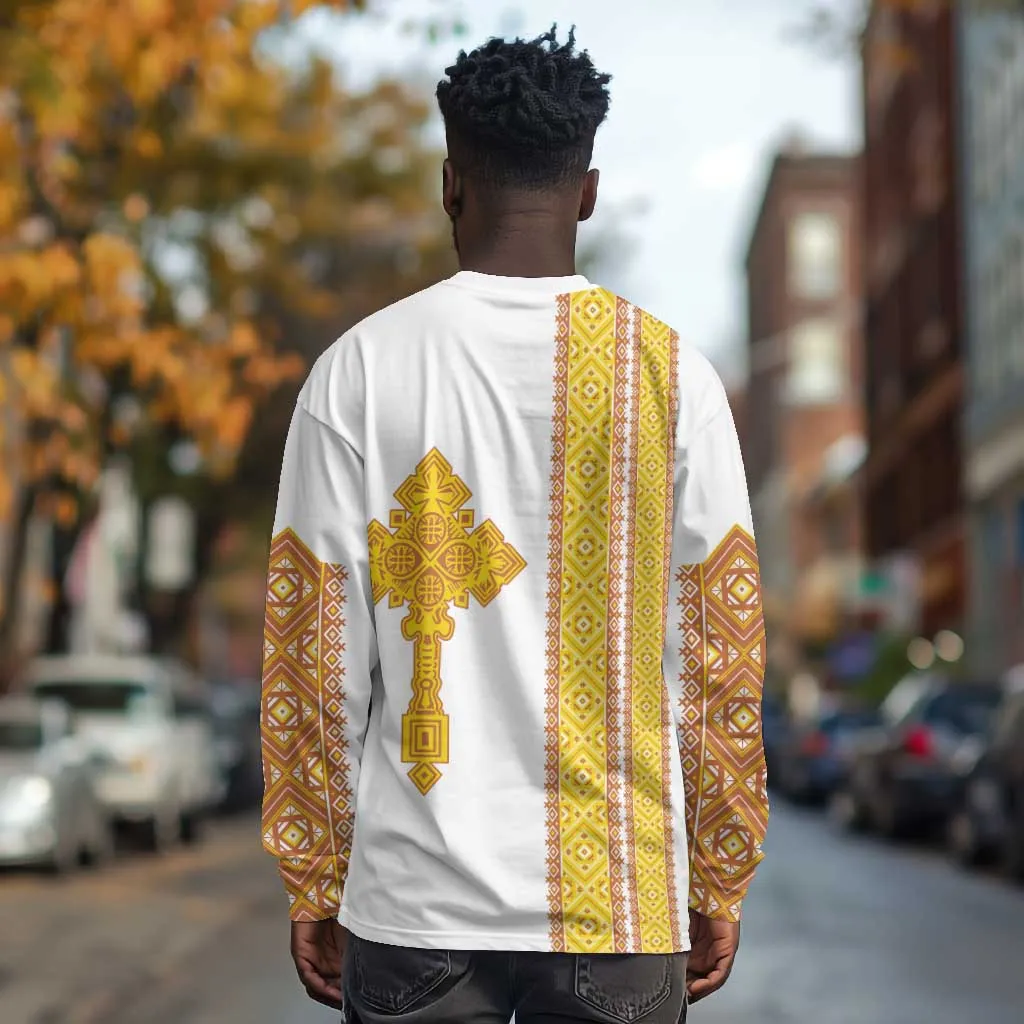 Habesha Motifs Ethiopia Long Sleeve Shirt Tilet White Gold LT7
