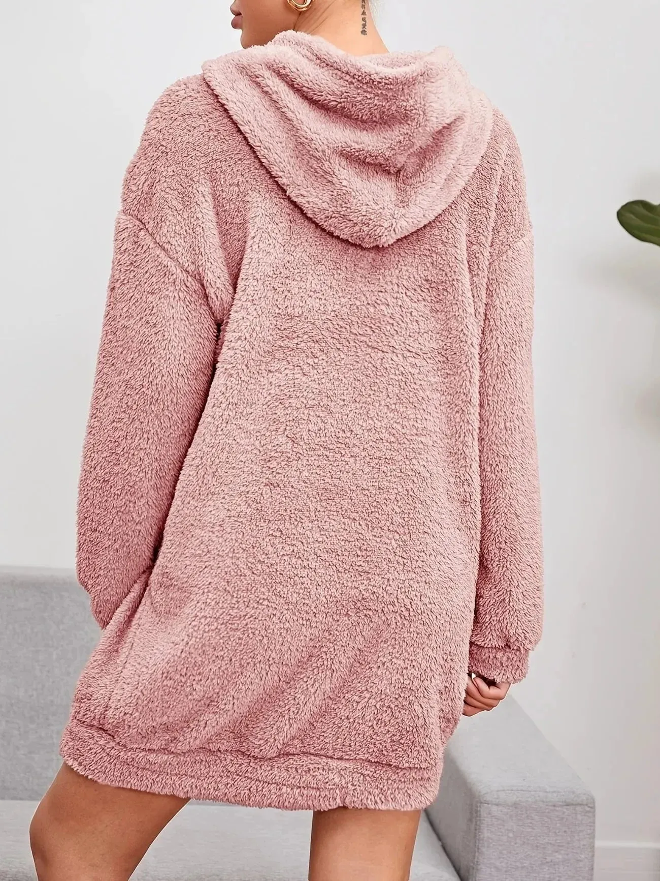 JazzHer Hooded Teddy Long Sleeve Robe Dress