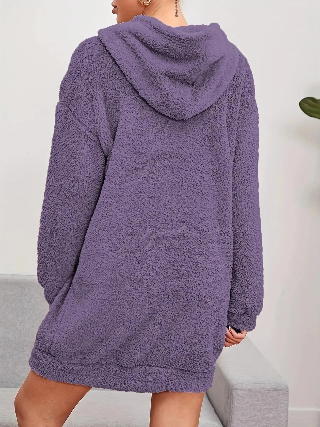 JazzHer Hooded Teddy Long Sleeve Robe Dress