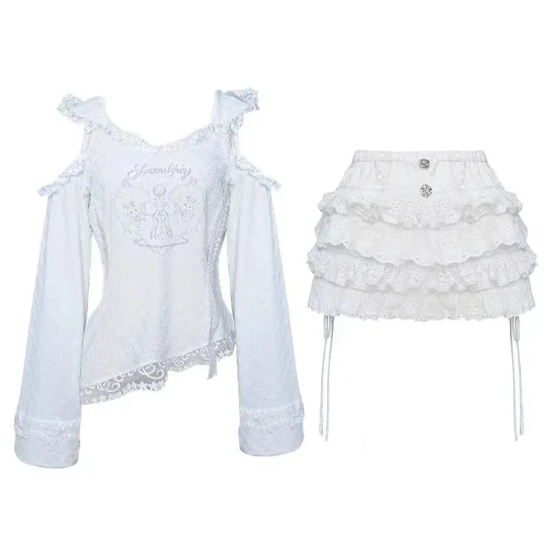 JazzHer Japanese Kawaii Lolita Style Outfits Women Sweet Sexy Off Shoulder Hooded Tops   Cute Mini Cake Skirts Autumn New 2 Piece Sets