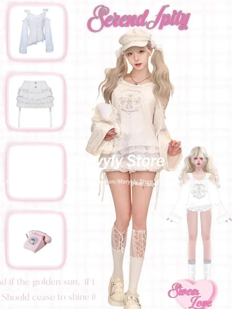 JazzHer Japanese Kawaii Lolita Style Outfits Women Sweet Sexy Off Shoulder Hooded Tops   Cute Mini Cake Skirts Autumn New 2 Piece Sets