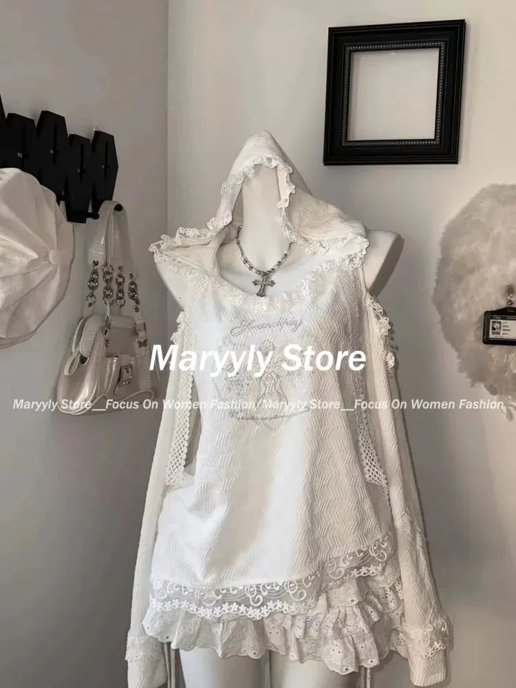 JazzHer Japanese Kawaii Lolita Style Outfits Women Sweet Sexy Off Shoulder Hooded Tops   Cute Mini Cake Skirts Autumn New 2 Piece Sets
